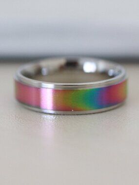 Mens Ring 6mm 2-Tone Rainbow/Silver Square Edge Wedding Band Ring Stainless Stee